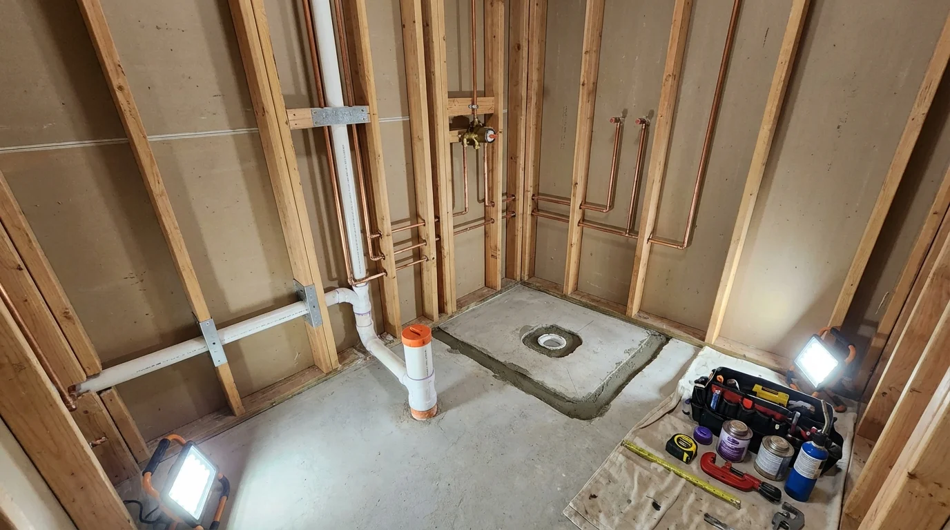 Bathroom rough-in plumbing during remodel by Johns Plumbing LLC in Newport News