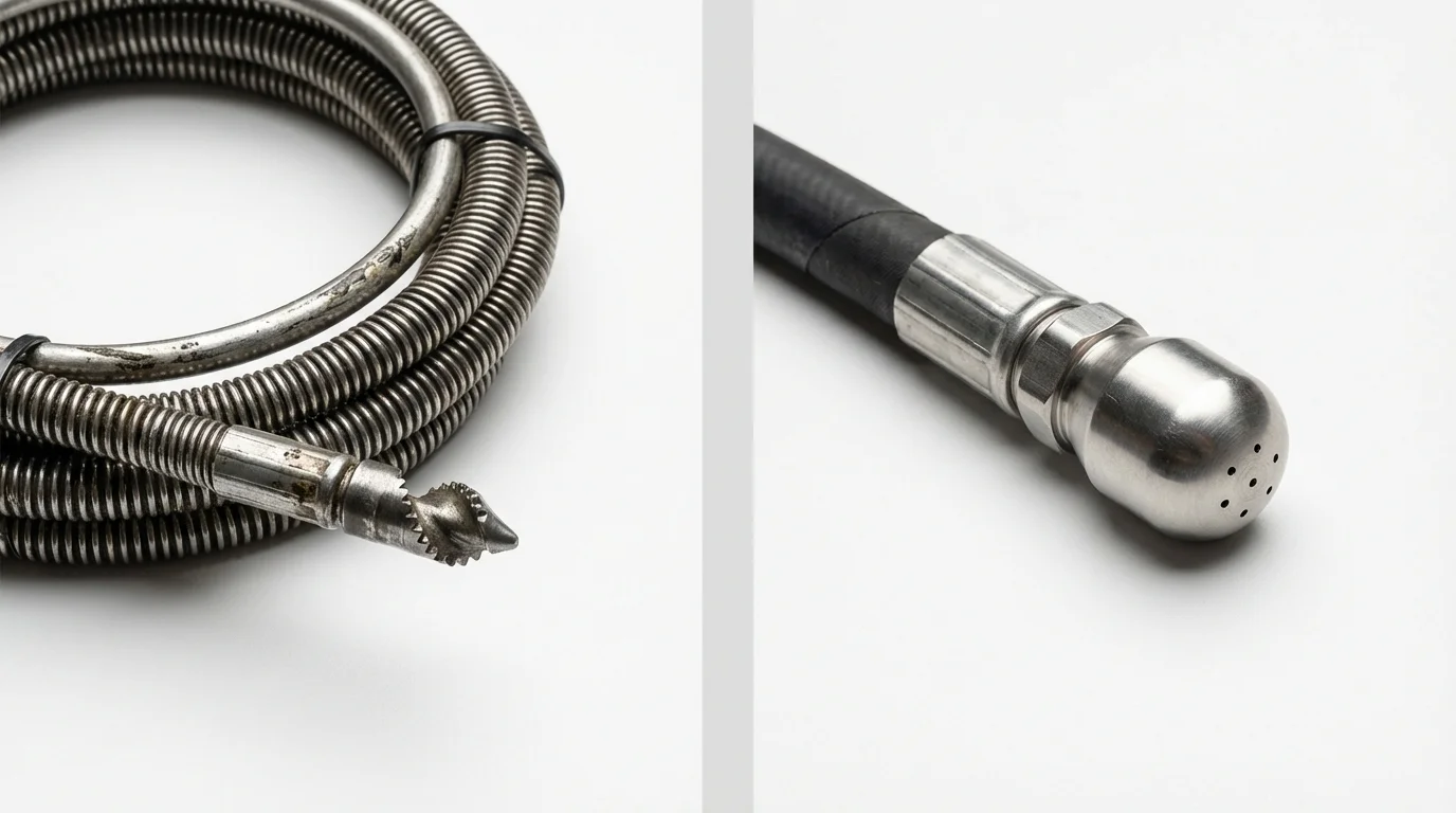 Drain snake cable and hydro jetting nozzle used for drain cleaning in Newport News, VA