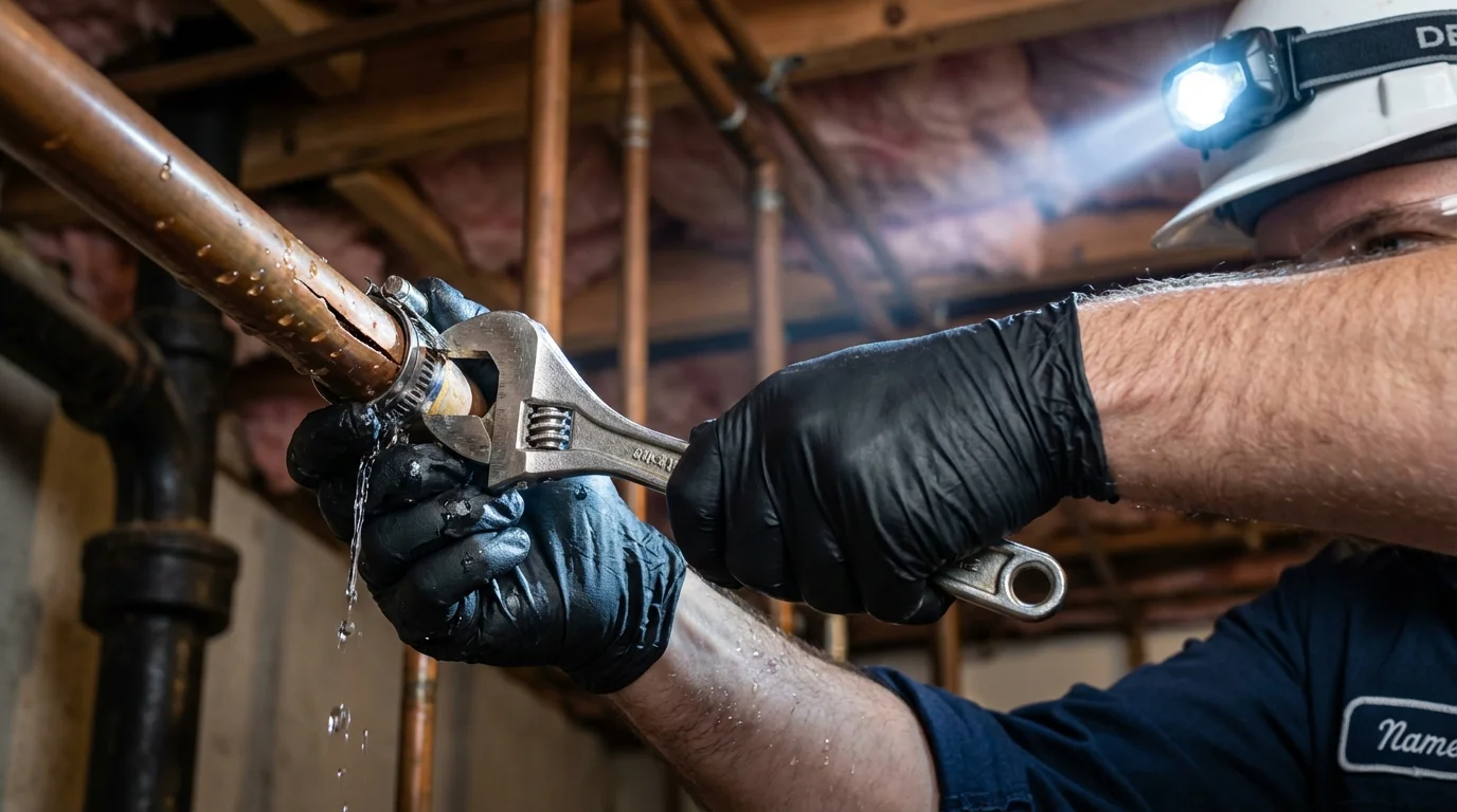 Emergency pipe clamp repair being performed by a Johns Plumbing LLC plumber in Newport News