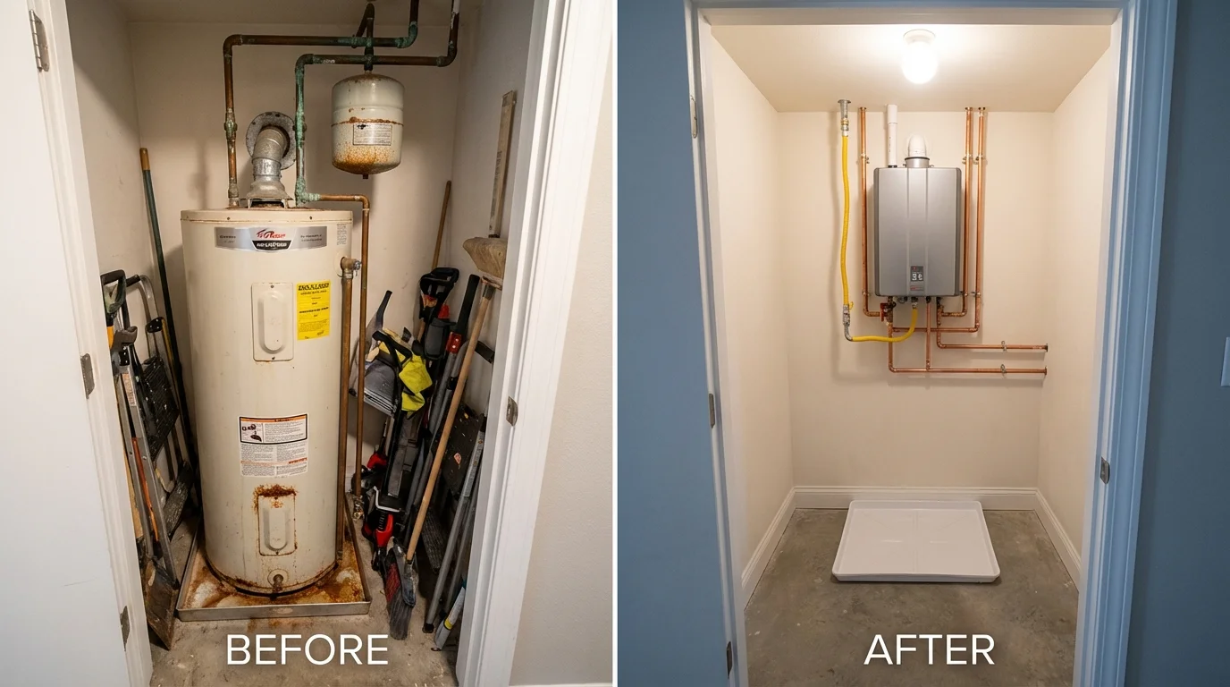 Tank water heater versus wall-mounted tankless unit comparison for Newport News, VA homeowners