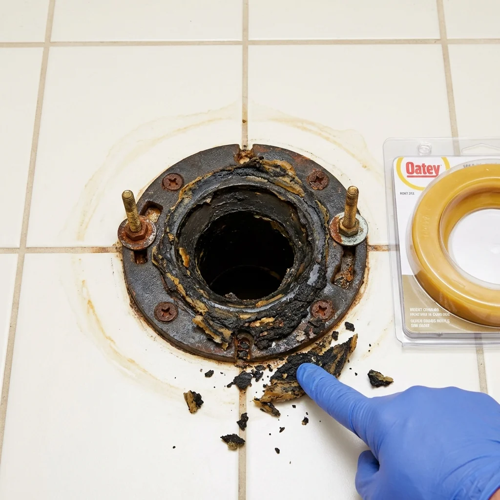 Failed wax ring showing water seepage at the base of a toilet in a Newport News, VA home