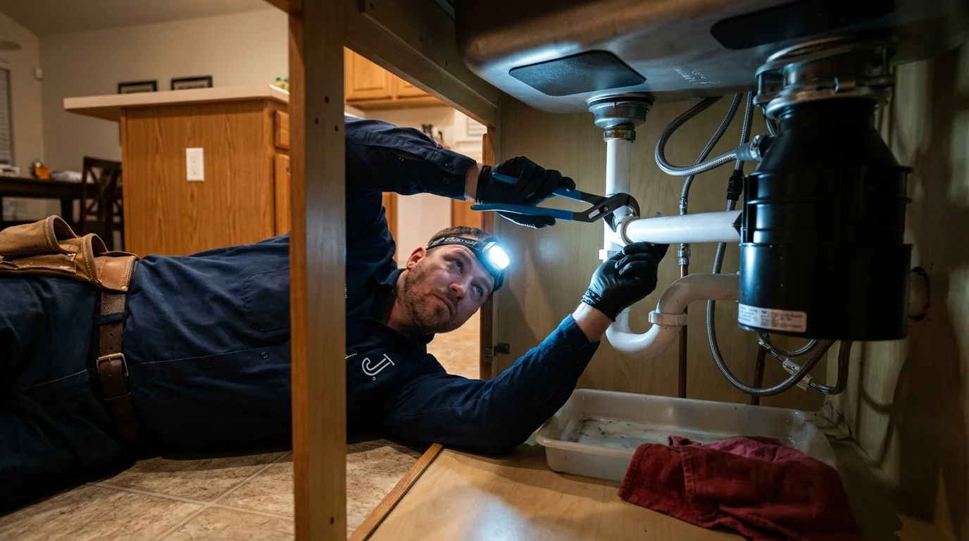 P-trap and supply line connections under a kitchen sink showing a common leak point in Newport News, VA